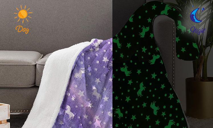 Glow in the Dark Unicorn Fluffy Sherpa Soft Warm Blanket| Purple