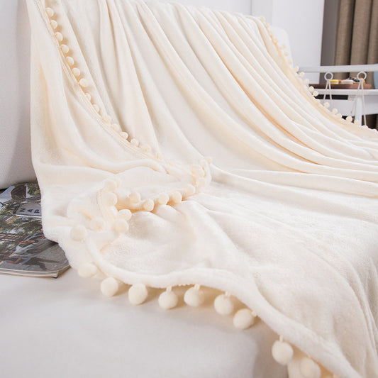 Soft Pompom Fringe Lightweight Throw Blanket | Off White