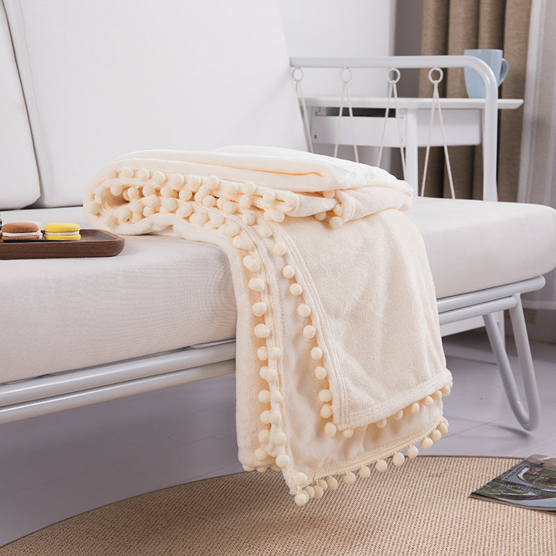 Soft Pompom Fringe Lightweight Throw Blanket | Off White