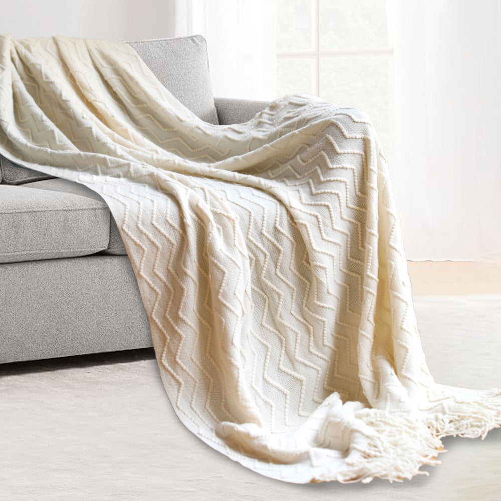 Decorative Knitted Acrylic Throw Blanket | Off-White