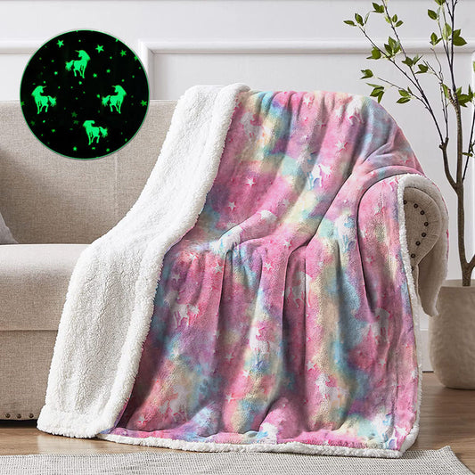 Glow in the Dark Unicorn Fluffy Sherpa Soft Warm Blanket| Rainbow