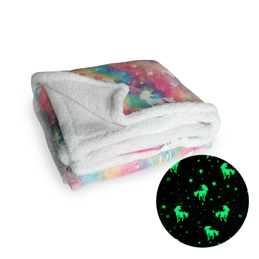 Glow in the Dark Unicorn Fluffy Sherpa Soft Warm Blanket| Rainbow