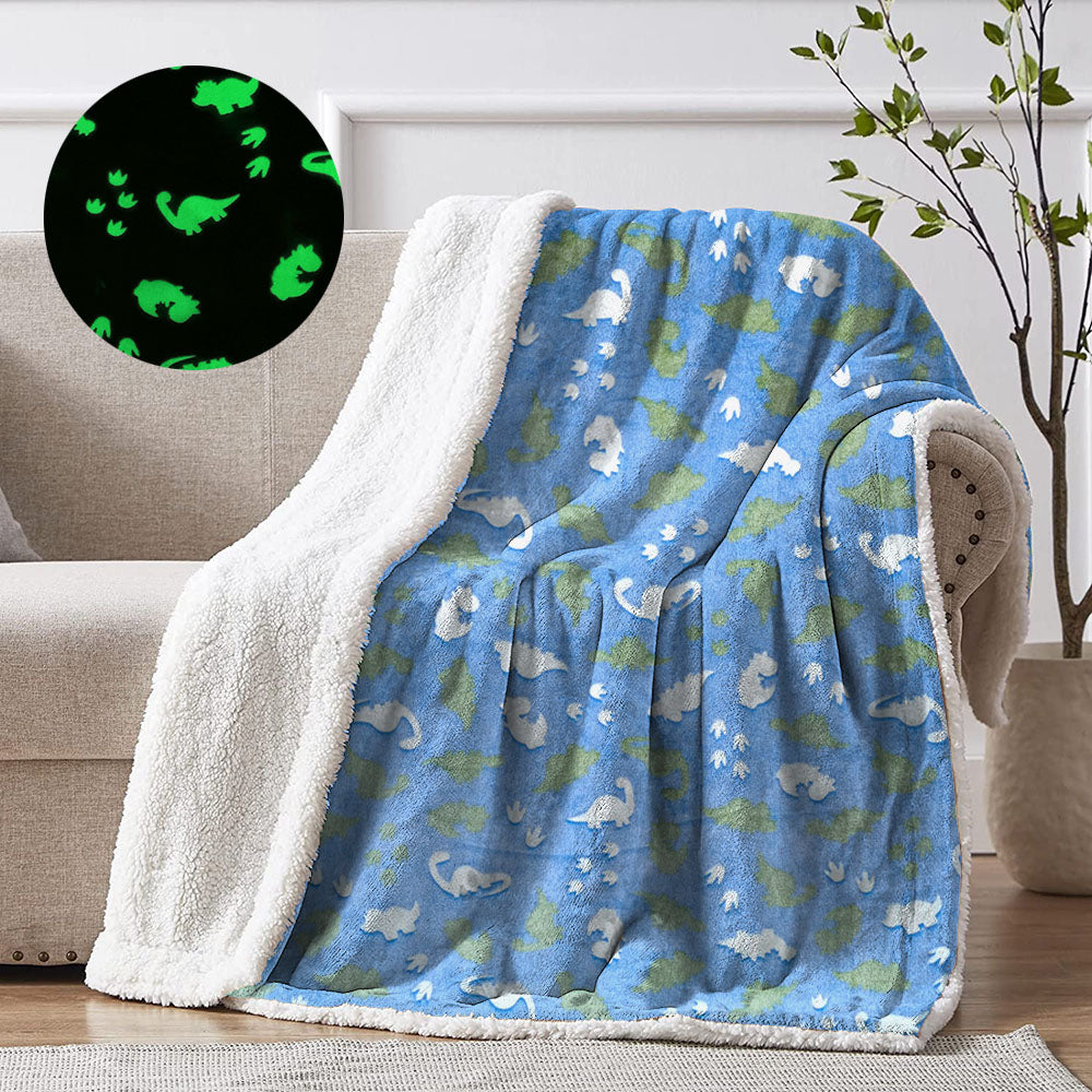 Glow in The Dark Dinosaur Sherpa Dino Blanket Throw | Blue